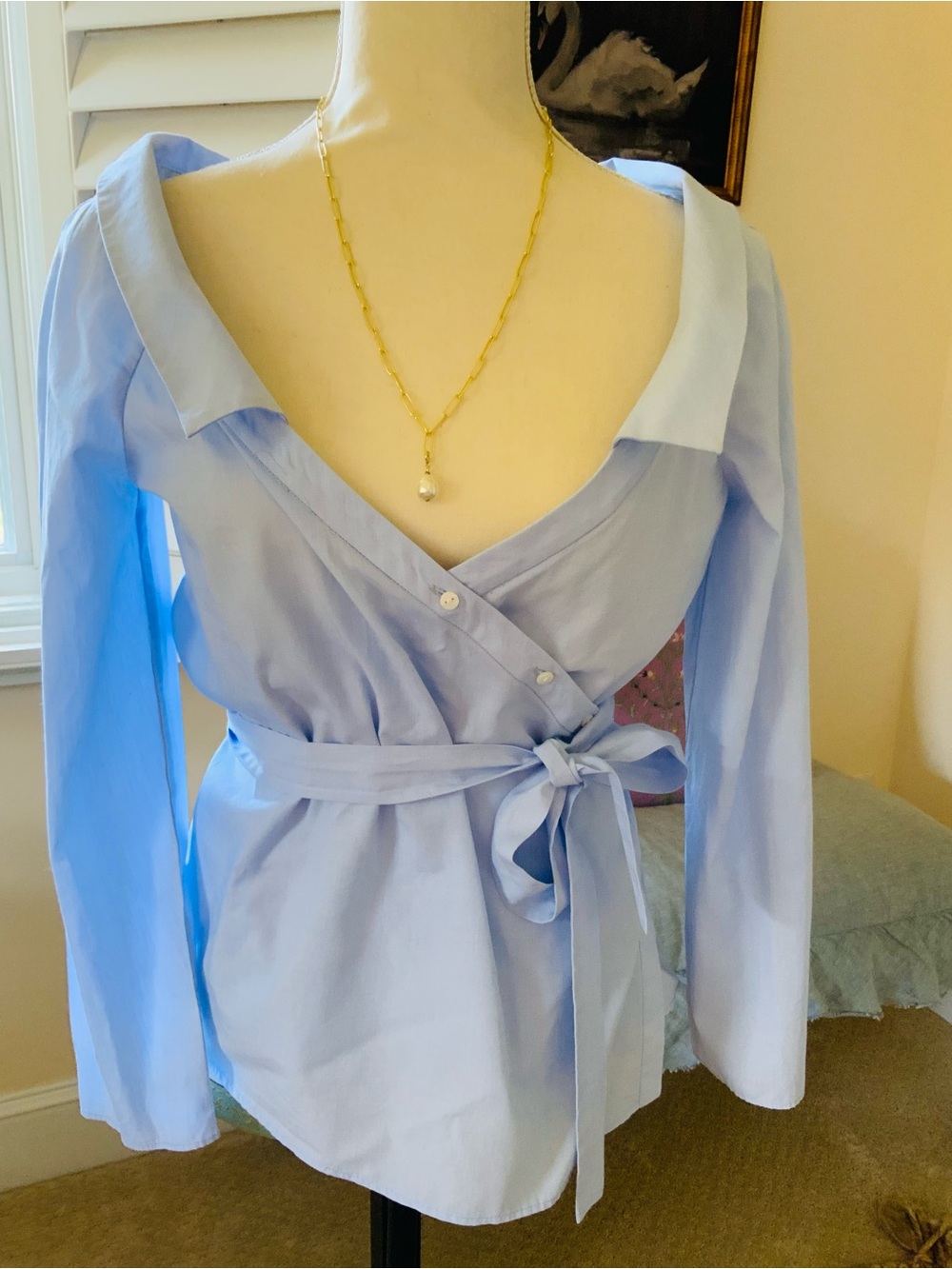 Zara Trafaiuc Collection Light Blue Wrap Button-Down Blouse with Waist Tie